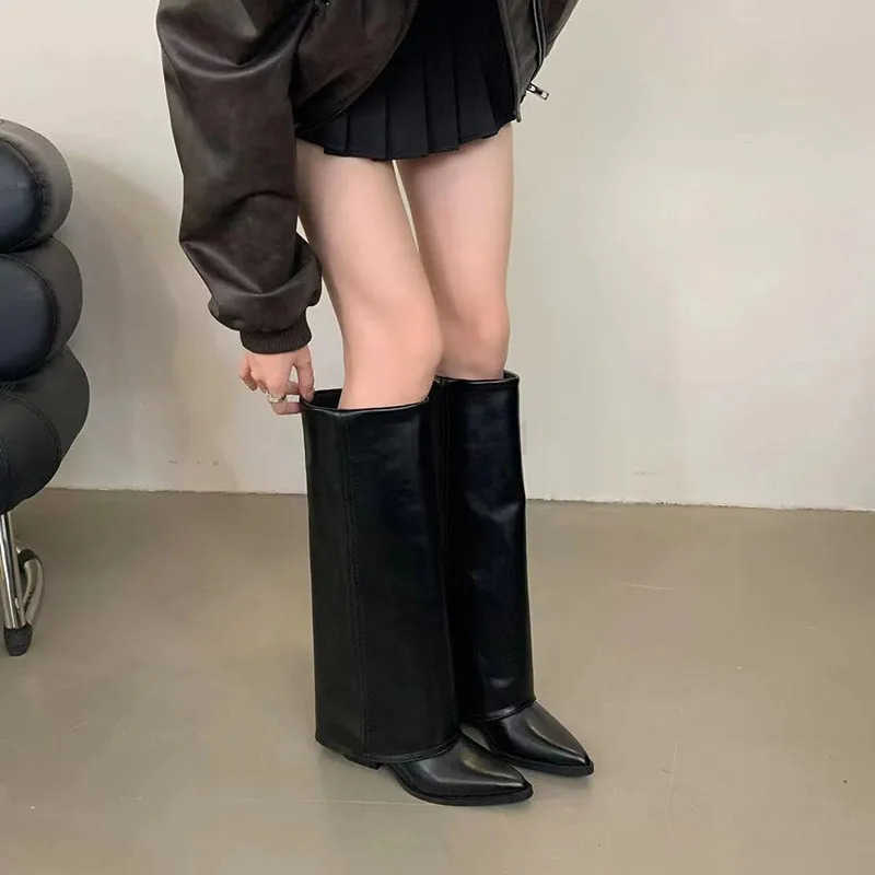 Explosion khaki cloth wide wens knee high boots Dwarf heel long wens shoes pointed wens winter boots Z250304