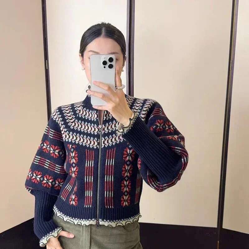 Women 2025 Autumn And Winter Retro Fair Isle Ruffle Stand Collar Double Zipper Balloon Sleeve Sweater Cardigan