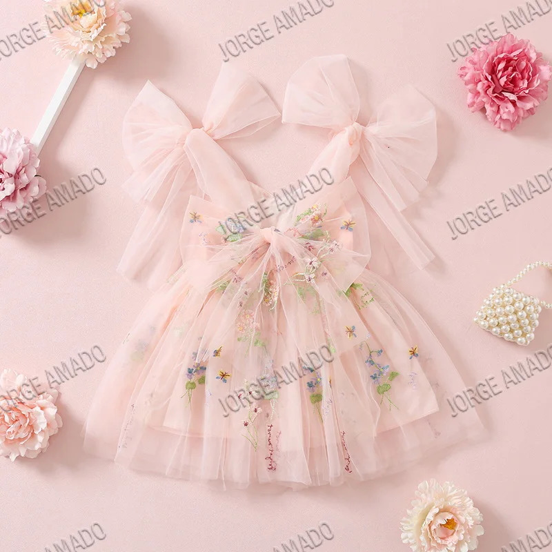 Easter Kids Dress Girl Summer Floral Bow Sleeveless Dance Performance Girls Clothes E1236 250303