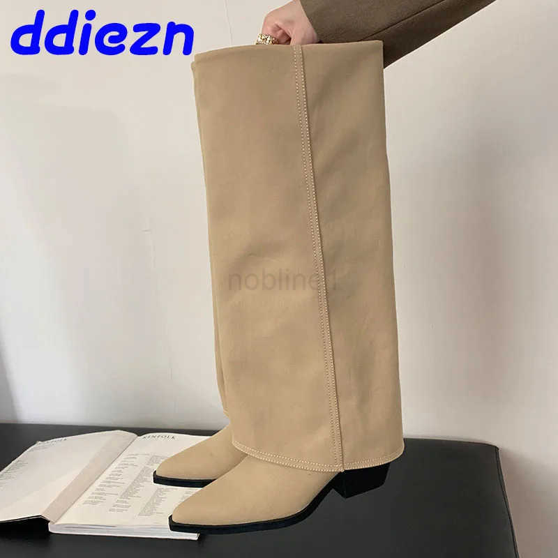 New Fem Slip On Footwear Fion Denim Wen Knee High Boots Pointed Toe Ladies Modern Long Booties With H Pumps Shoes Z250304