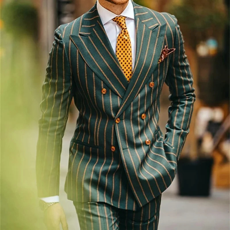 2 Piece Green Orange Striped Fashion Men Suits Slim Fit Double Breasted Classic For Wedding Groom Blazer And Pants Outfits 250224Z