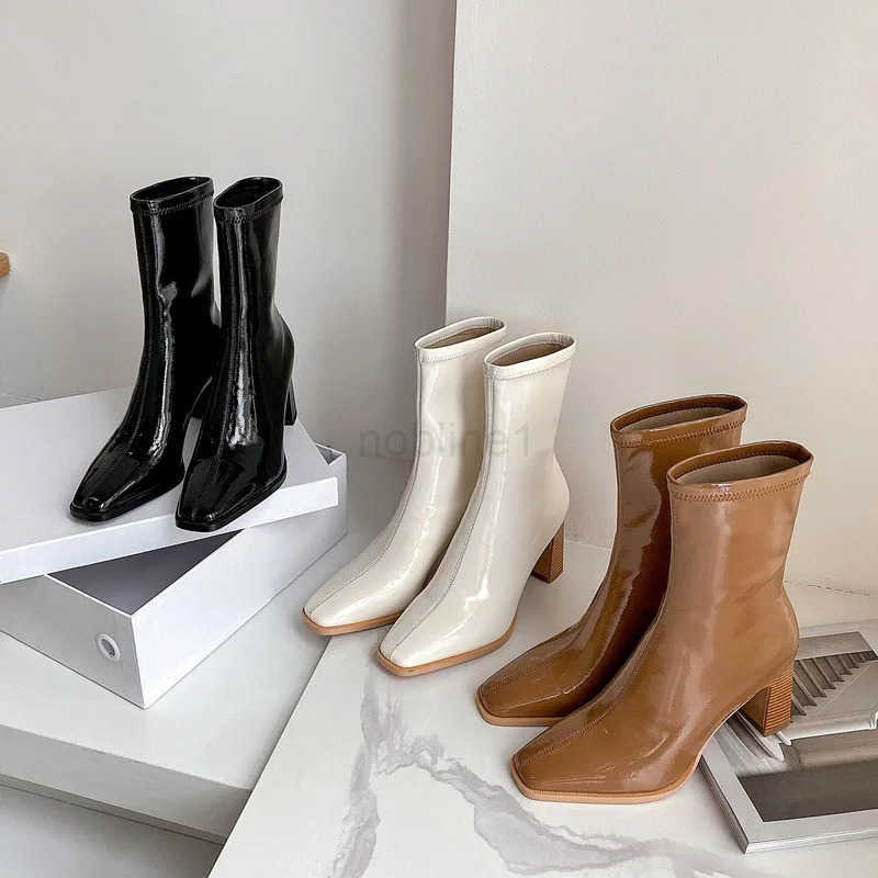 Leather elastic leather boots mid-tube short boots autumn /winter new thick-heeled high-heel patent leather white wen boots Z250304