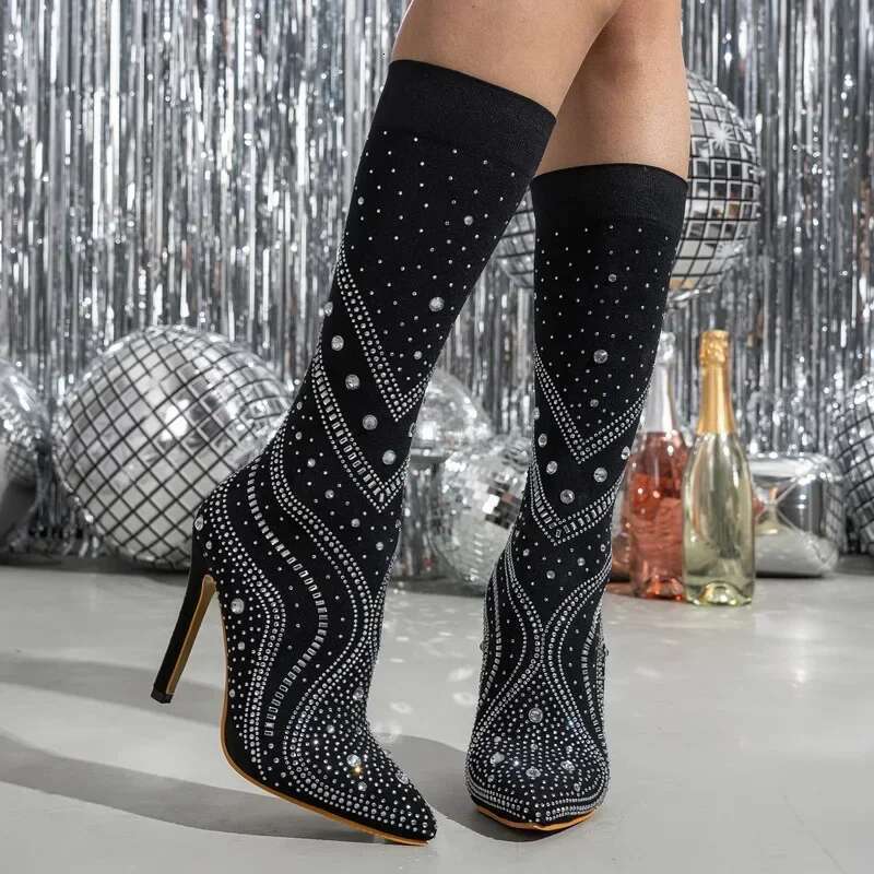 Fabric Women Stretch High Thin Heel Rhie Mid-calf Boots for Office Nightclub Evening Party Wedding Banquet Botas