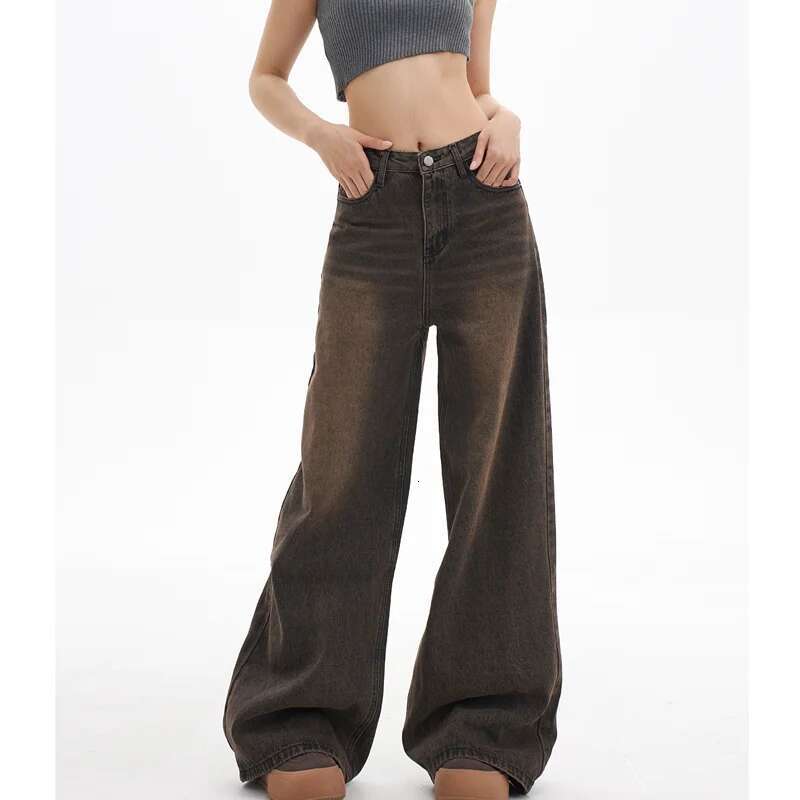 High Waist Women Coffee Grey Jeans Hip-Hop Style Fashion Vintage Streetwear Y2k Wide Leg Jean Female Trouser Baggy Denim Pants