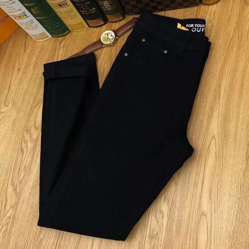 Black Jeans Men's High-End And Fashionable Printing Stylish Casual Simple All-Match Stretch Slim Fit Ankle Tight Trousers