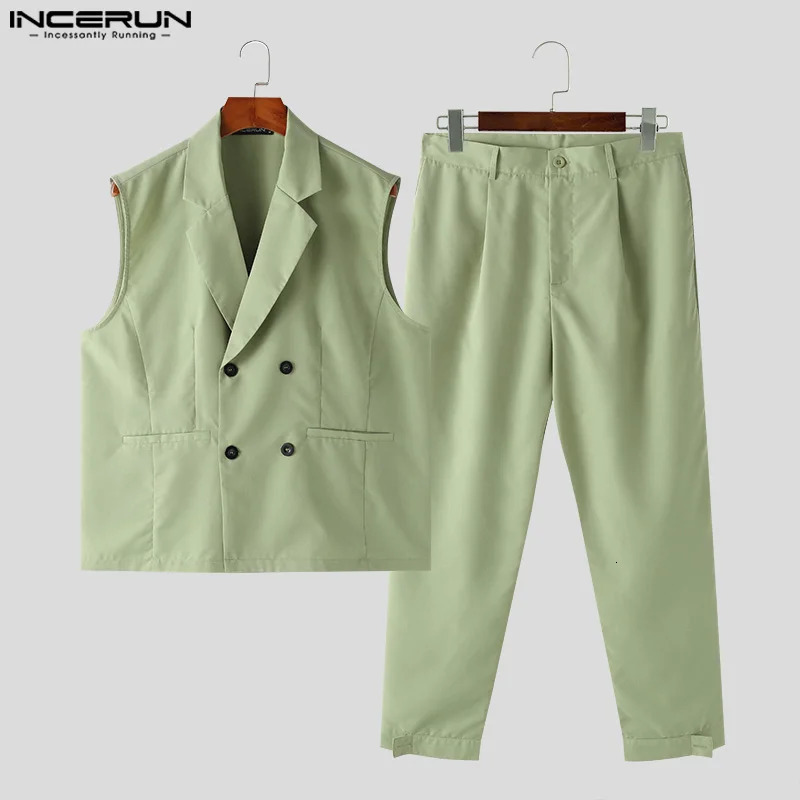 INCERUN Men Sets Solid Color Lapel Sleeveless Double Breasted Vests Pants 2PCS Streetwear 2024 Fashion Casual Suits S5XL y250303