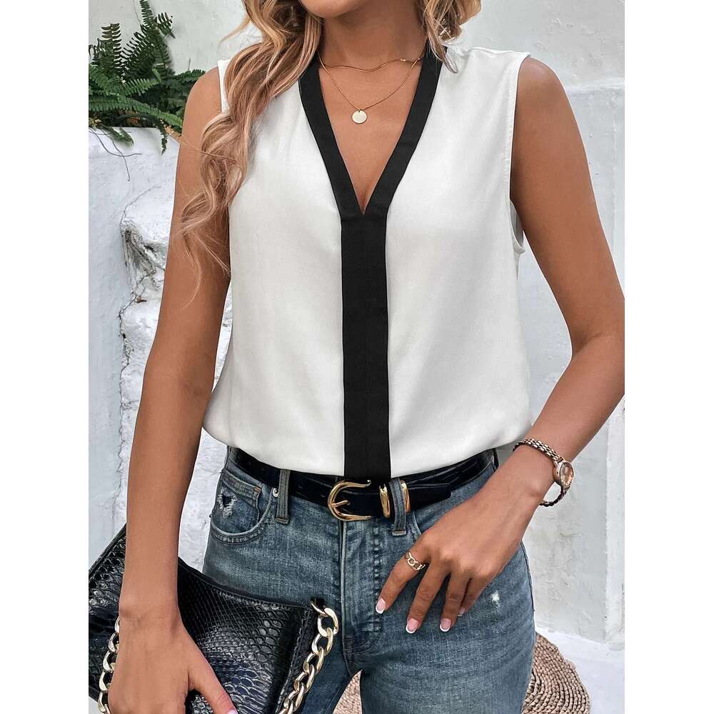 Small Elegant fashion V-neck sleeveless color contrast fine edge casual women's vest shirt