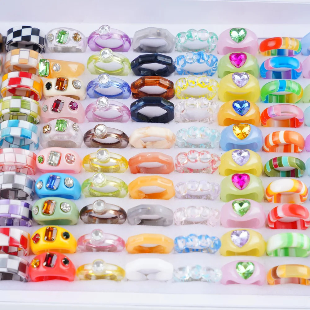30 pieces/batch of fashionable colored transparent heart-shaped rhinestone resin acrylic rings suitable for mixed styles of women girls jewelry party 