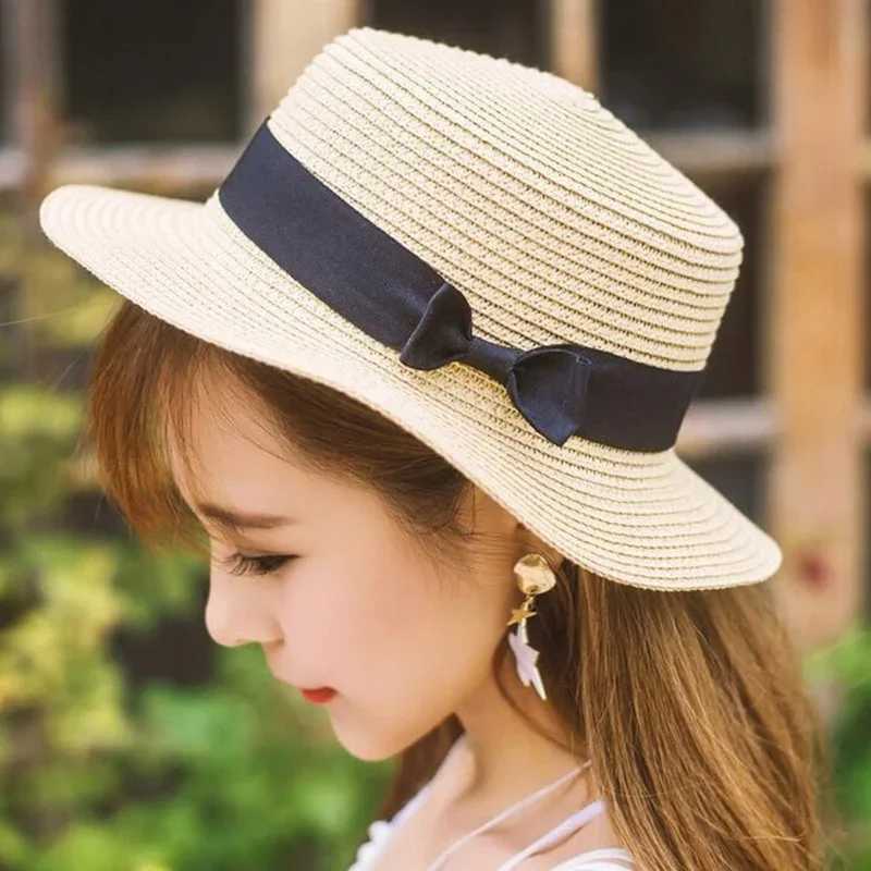 Bowknot Str Sun Hat Women Summer Beach Hat Girls Ribbon Round Flat Top Hat for Women Cs for LadiesXJ250304