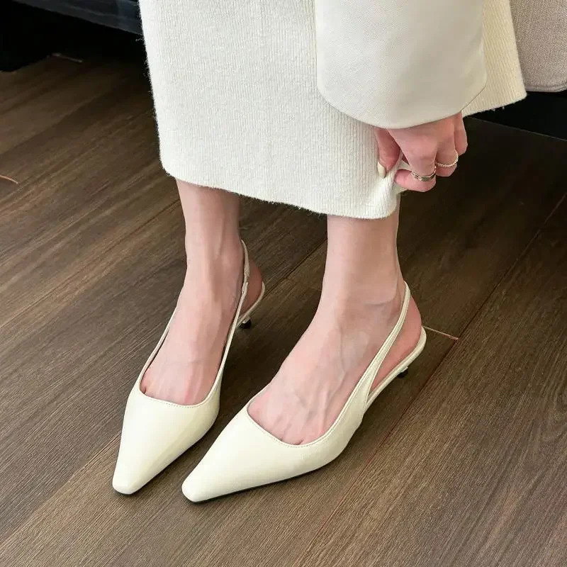 Spring Summer Women Kitten Heels Pointed Toe Sandals Fashion Back Buckle Bling Silver Ladies Casual Med Heels Shoes 250228