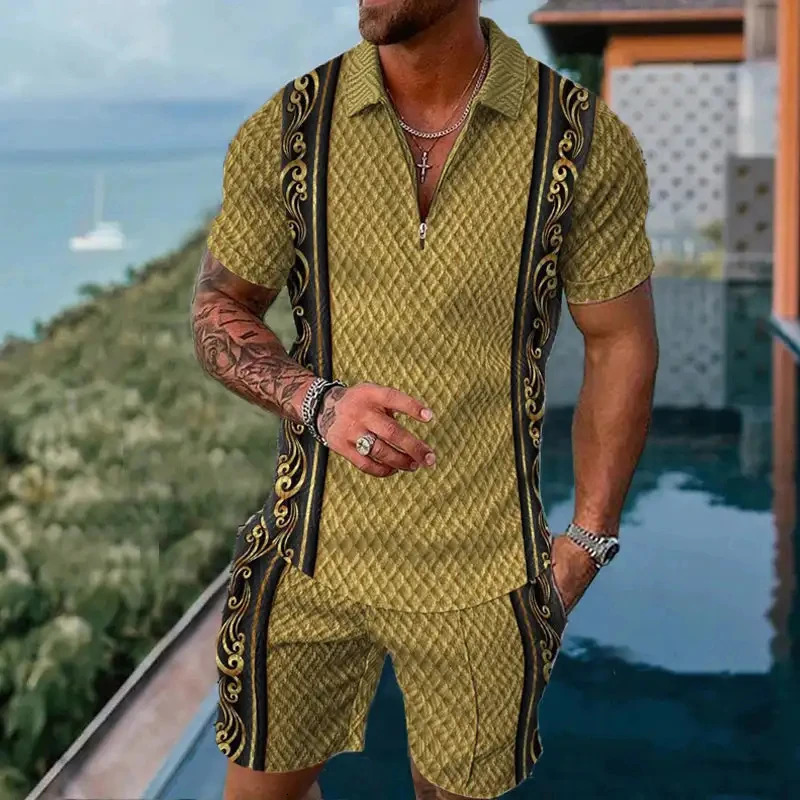 Vintage Casual Striped 3D Print Polo shirt 2pcs Set Zipper Lapel Polo Sets Zipper CollarShorts Hawaii Holiday Style Man Clothes 250304