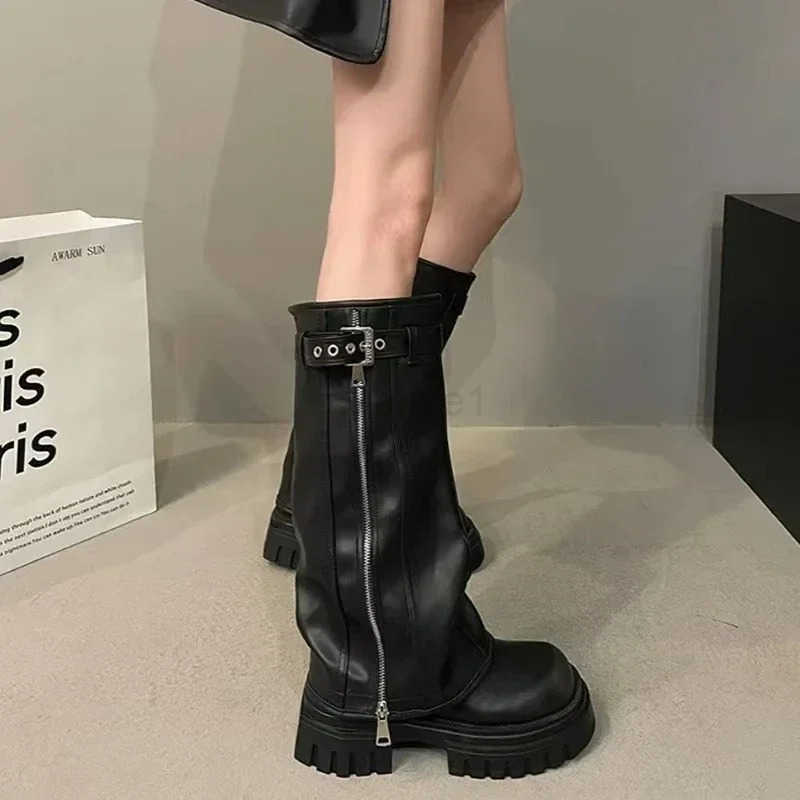 Winter Wen Biker Boots Modern Boot 2024 Fion Belt Buckle Ladies Platform Long Pipe Booties Casual Wens Knee High Booties Z250304