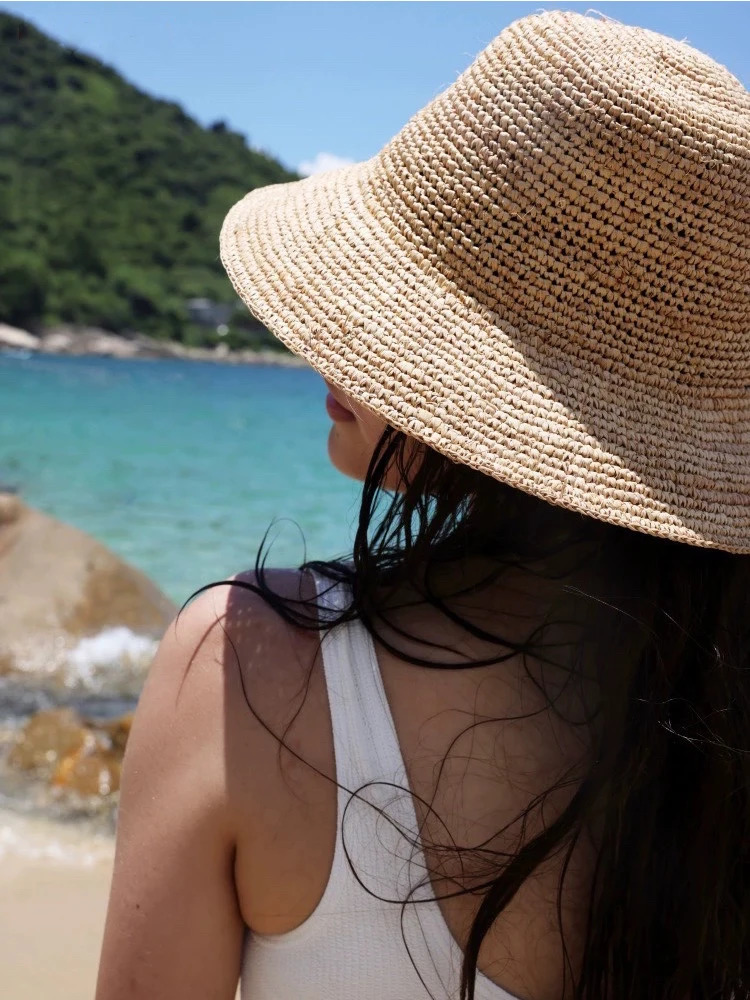 Natural Raffia Beach Sun Hat for Women Handmade Crochet Straw Hat Ladies Spring Summer Bucket Hat Floppy Fisherman Cap 250227
