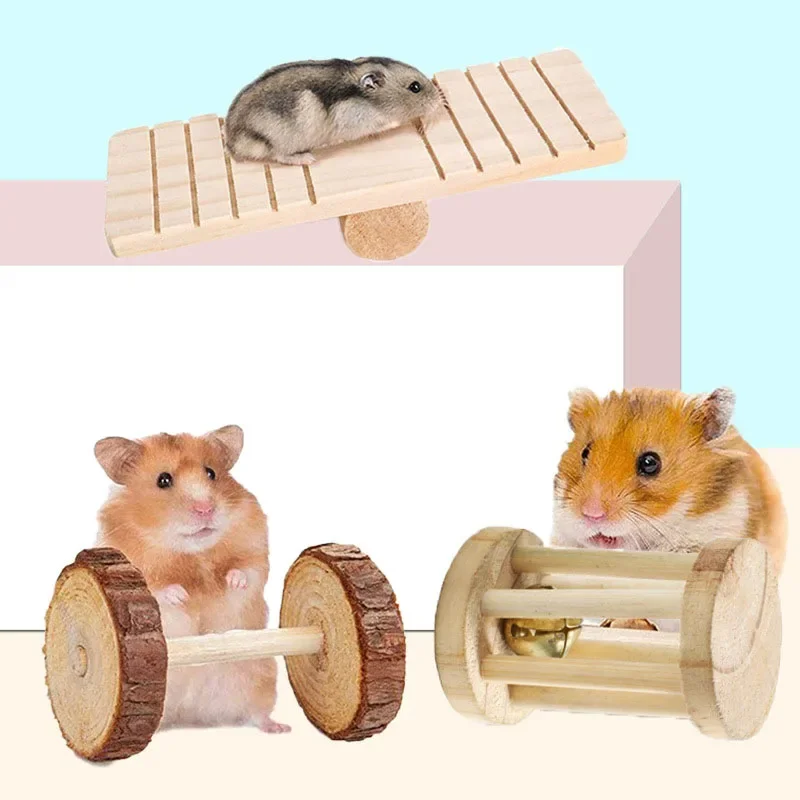 Cute Natural Wooden Rabbits Hamster Toys Pine Dumbells Unicycle Bell Roller Toys for Guinea Pigs Rat Small Pet Molars Supplies