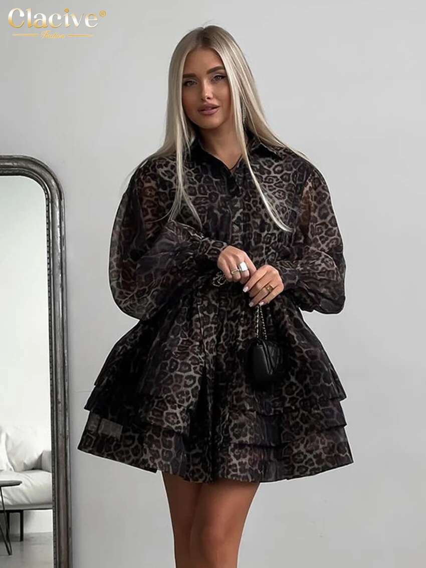 Clacive Fashion Leopard Print Women's 2024 Vintage Lapel Long Sleeve Mini Dresses Elegant High Waist Pleated Female Dress
