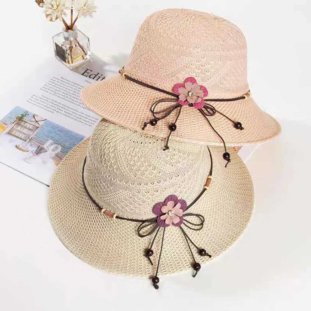 2024 Summer Women Bow Flowers Str Hat Outdoor Sun Sunscreen Collsible Beach HatXJ250304