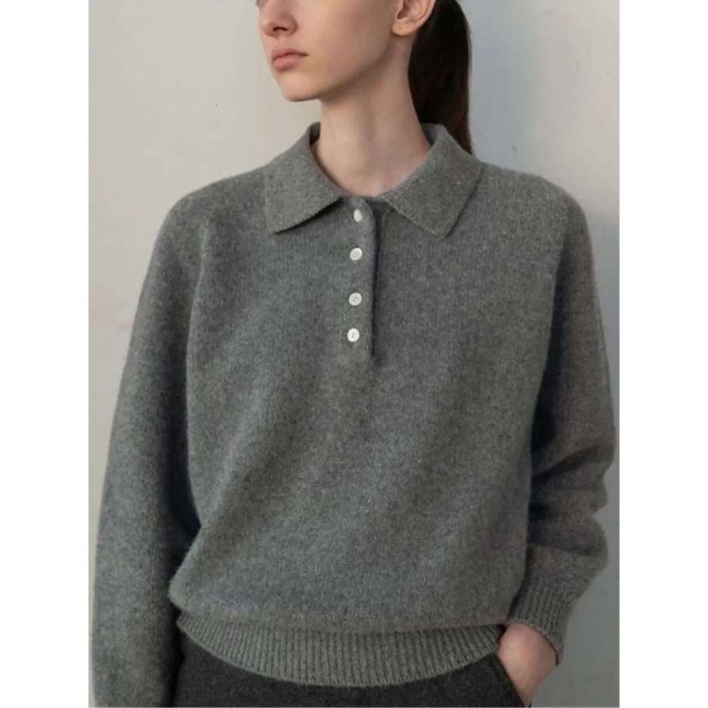Women Half Open Buttons Turn-Down Collar Knit Sweater Autumn Winter Long Sleeve Solid Color Pullover Top Female Knitwears
