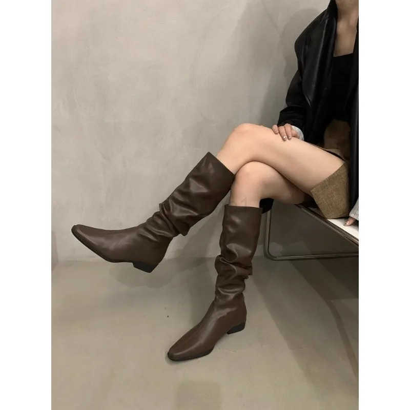 Spring and AutumnWern Cowboy Boots Wen Fion Pleated Slip on Long Boots Fem Elegant Low Heel Wens Knight Botties Z250304