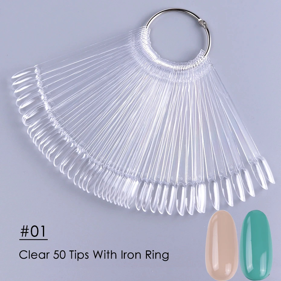 50pcs False Nail Display Tips Clear Nature Color Chart Oval Fan Style UV Gel Polish Shows Palette Practice Manicure Tools 250217
