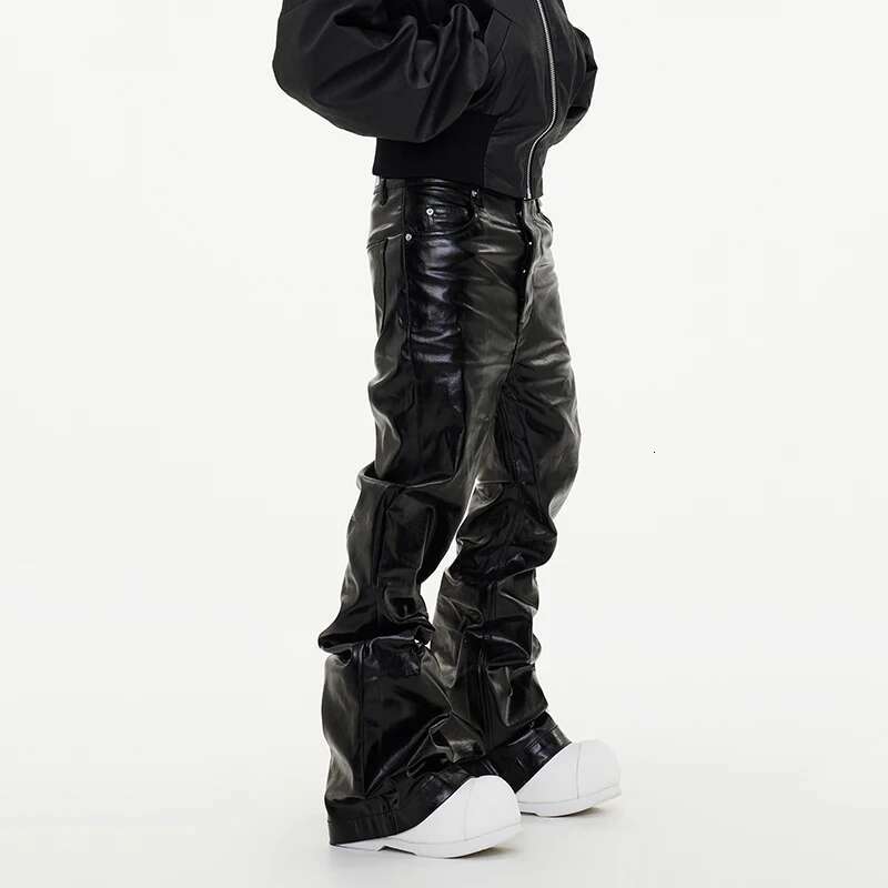 PFNW New Spring Men's Jeans Loose Wide Leg Coating Glossy Patent Leather Straight Male Denim Pants Niche Style 2025 12C509
