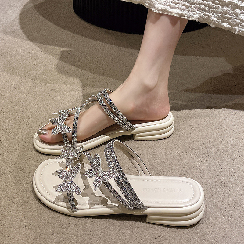 2025 new women's summer outdoor flat shoes designer, internet celebrity butterfly rhinestone with skirt, two pairs of sandals, trendy sandals, fa