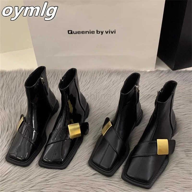 Flat botted square toe black boots wens shoes 2024 new autumn and winter short boots Z250304