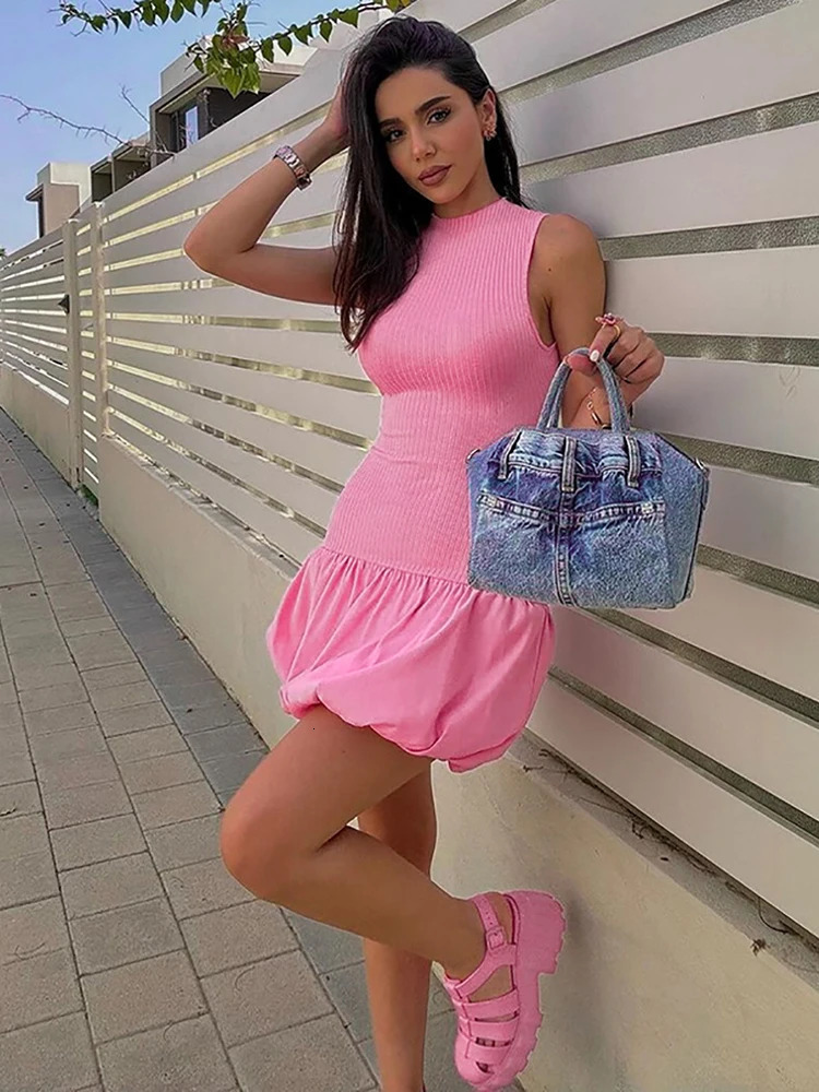 Summer Elegant Knitting Sleeveless Backless Short Bubble Ball Womens Dresses Evening Casual Clothing Y2K Streetwear 250227Z