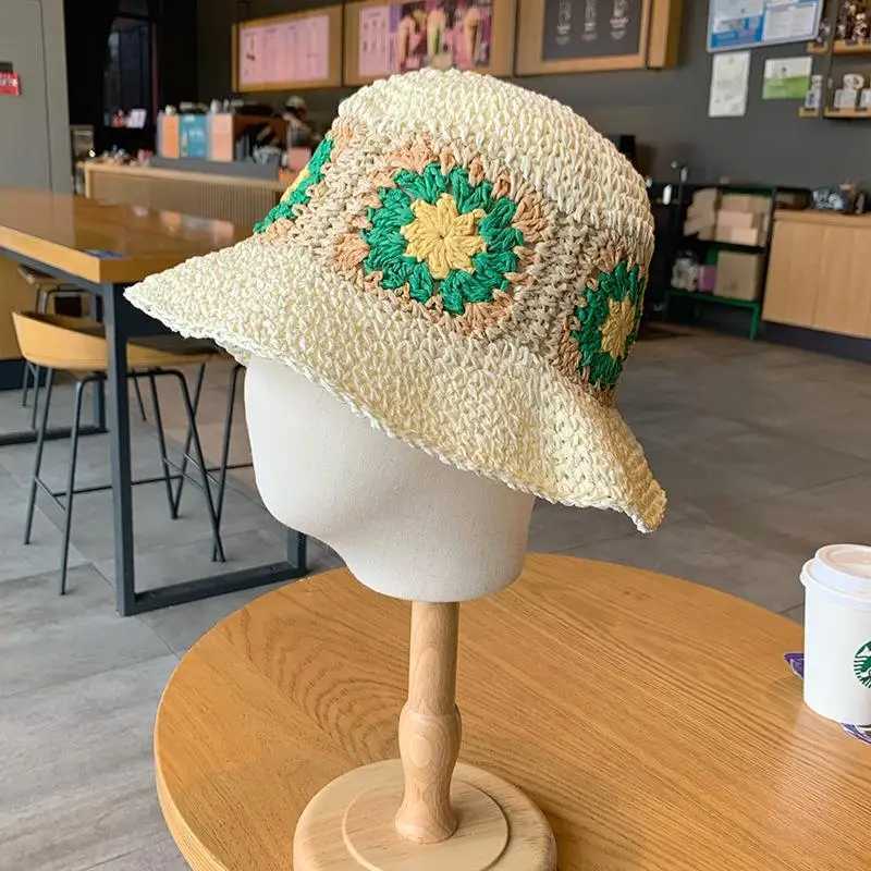 Women Sun Beach Crochet Flowers Hat Fisherman Hat Tourism Female Vacation Per Str Bucket HatXJ250304