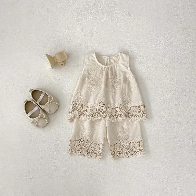 MILANCEL Summer Baby Clothes Set Infant Cute Lace Vest Pants Girls Embroidered Flowers Outfit 250304