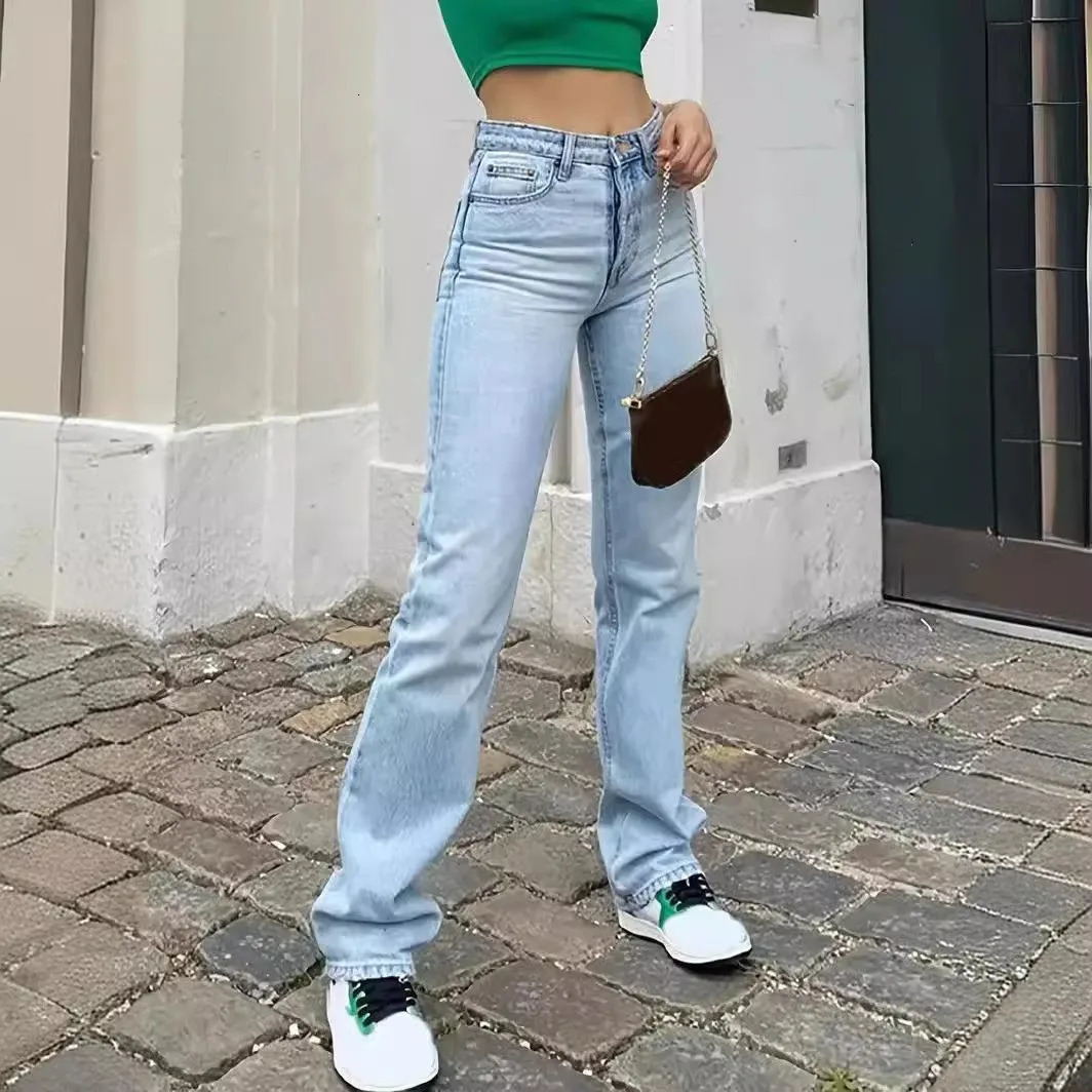 2024 selling womens light blue slim fit high waist stretch casual versatile straight jeans for women 250227