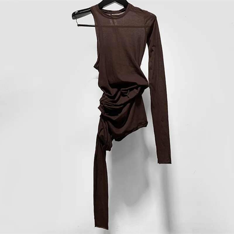 Fashion Women Brand Tulle T-Shirt Original Asymmetrical Sleeve Design Black Bottoming Tops Famous High Quality Knit Tees