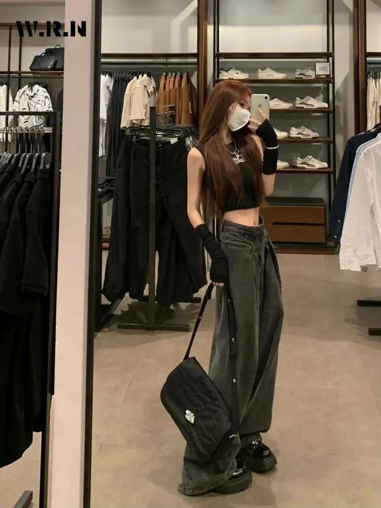 American Vintage Grunge Waist Straight Jeans Women's Casual 2000S Washed Pants Baggy Y2k Wide Leg High Street Denim Trouser