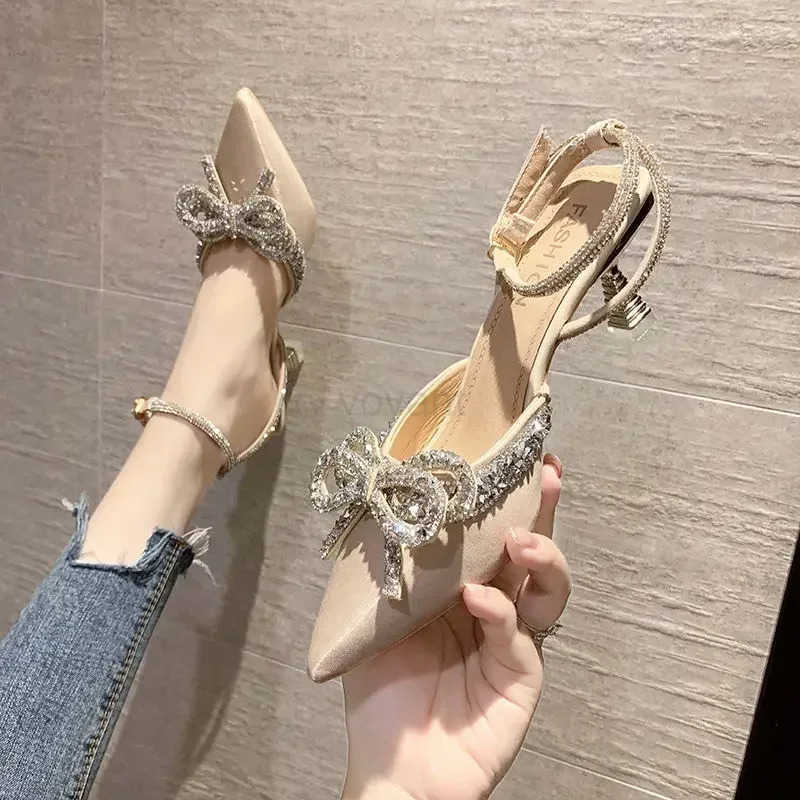 Wens Crystal Sandals Classic Fairy Bow High H Summer New Water Diamd Fine Heel Bridesmaid Wedding Shoes Z250304