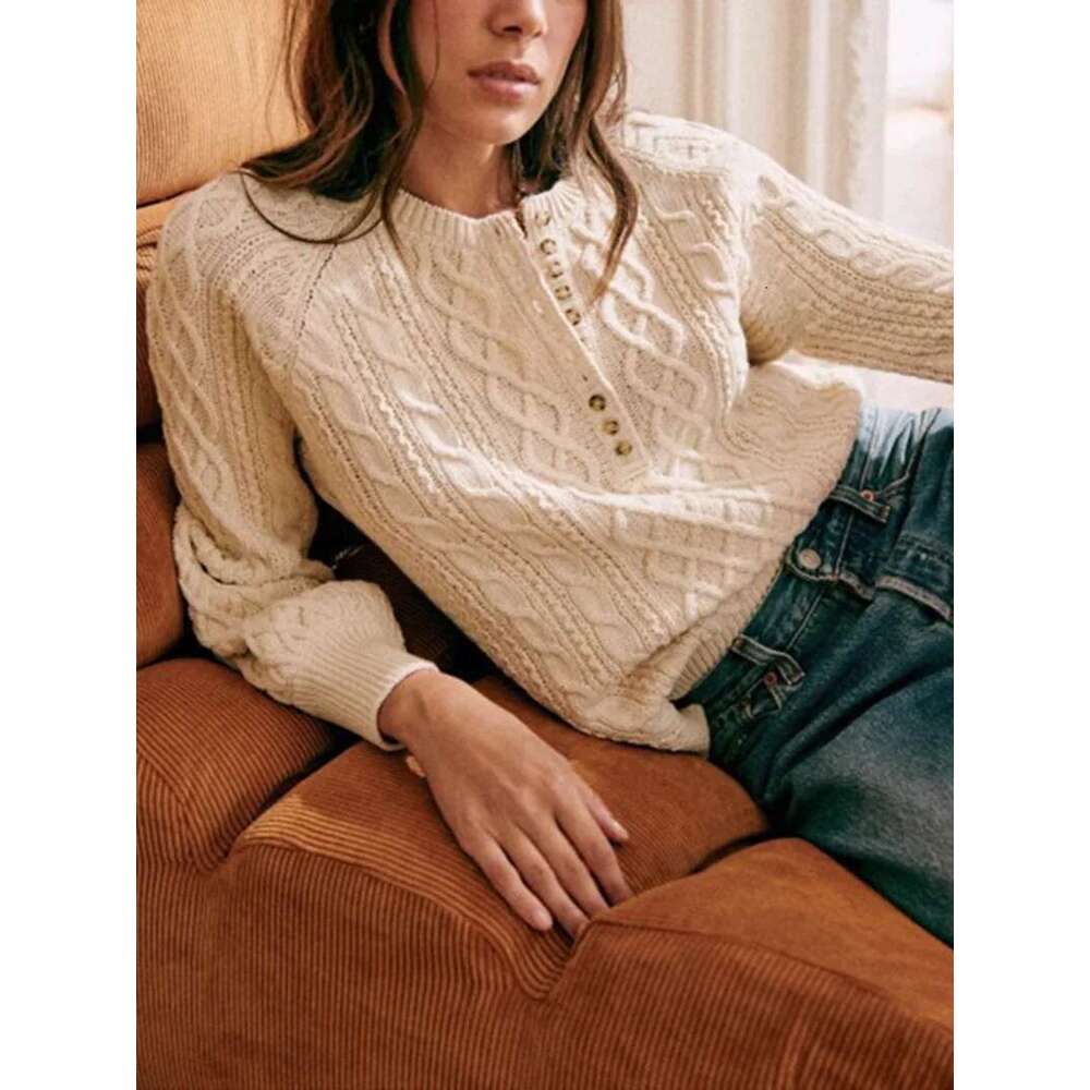 Women O-Neck Front Buttons Twist Knit Sweater Autumn Female Long Sleeve Temperament Pullover Tops