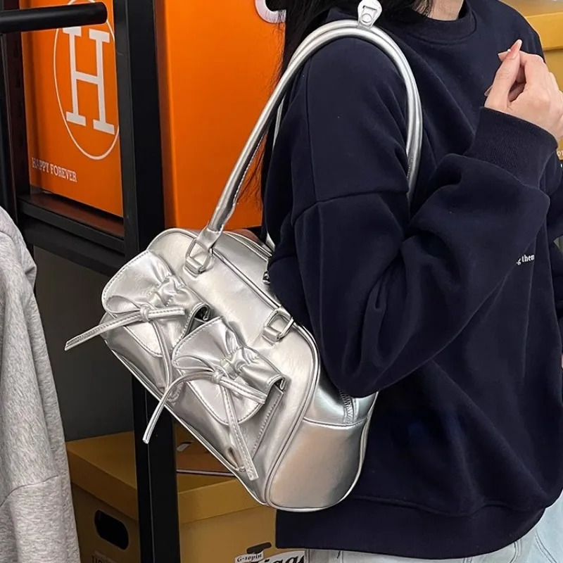 Xiuya Silver Pleated Womens Shoulder Bag Elegant Gentle Korean Fashion Leather Handbag Bow Sweet Simple Ladies Boston 250303