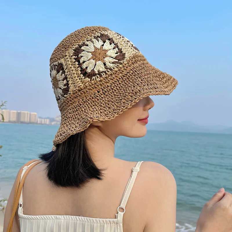 Women Sun Beach Crochet Flowers Hat Fisherman Hat Tourism Female Vacation Per Str Bucket HatXJ250304