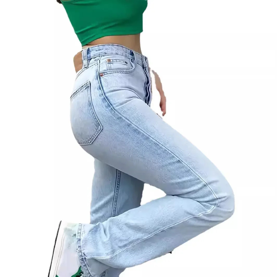 Jeans denim womens straight pants pockets high waist ankle length loose unsettling solid casual base retro 2024 250227
