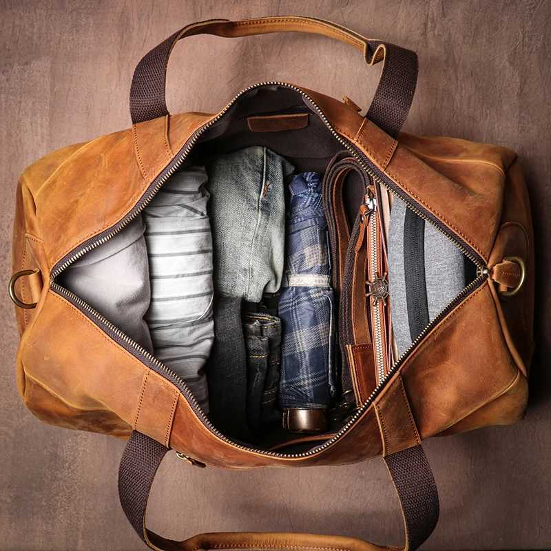 LUOKIR Luxury Genuine Leather Travel Bag Vintage Crazy Horse Cowhide Shoulder Luggage Bag Men Casual Handbag Weekend Duffle Bag Y250304
