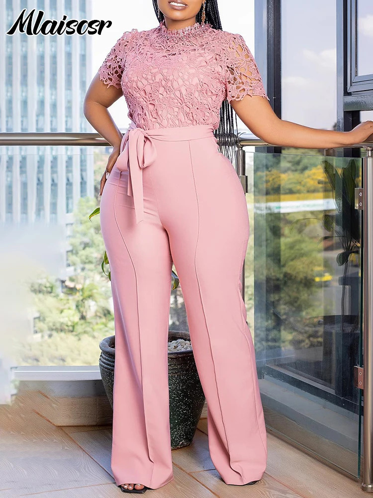 Mlaiscsr Elegant White Jumpsuits with Sashes Club Outfit for Women Lace Patchwork Short Sleeve Birthday Party One Piece Rompers 250303