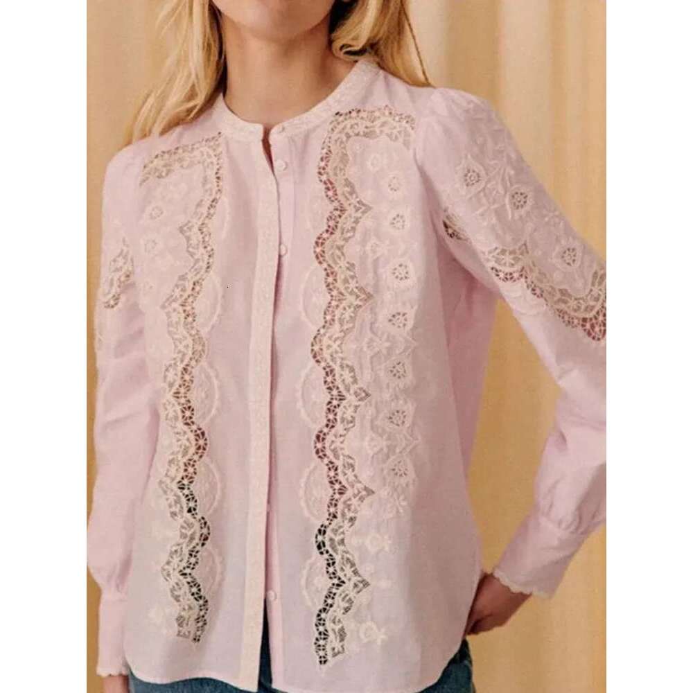 Women Long Sleeve Embroidery Blouse 100% Cotton Hollow Out Sweet O-Neck Ladies Single Breasted Casual Shirt 2025 Summer