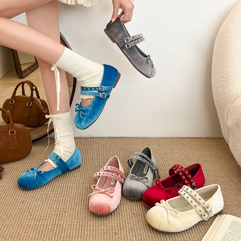 Bowknot Ballet Slipper Flat Shoes French velvet double breasted Mary Jane shoes retro bow ballet shallow single shoes