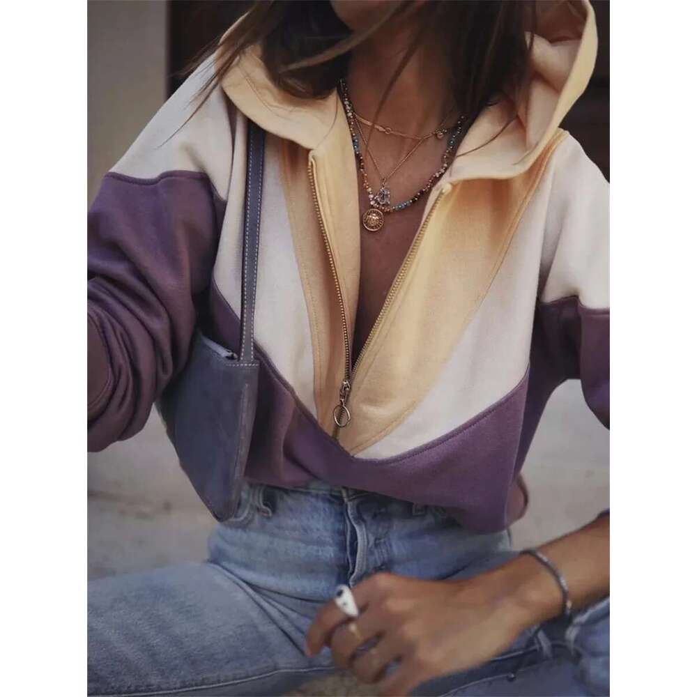 Women's Color Patchwork Hooded Sweatshirt Preppy Style Top Casual Long Sleeve Female Half Zipper Pullover Hoodies