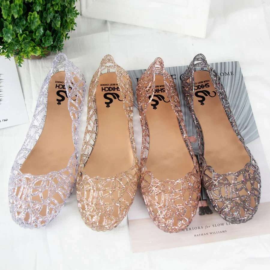 women crystal Summer clogs hollow flat-soled slip-ons shallow mouth Roman jelly shoes beach sandals