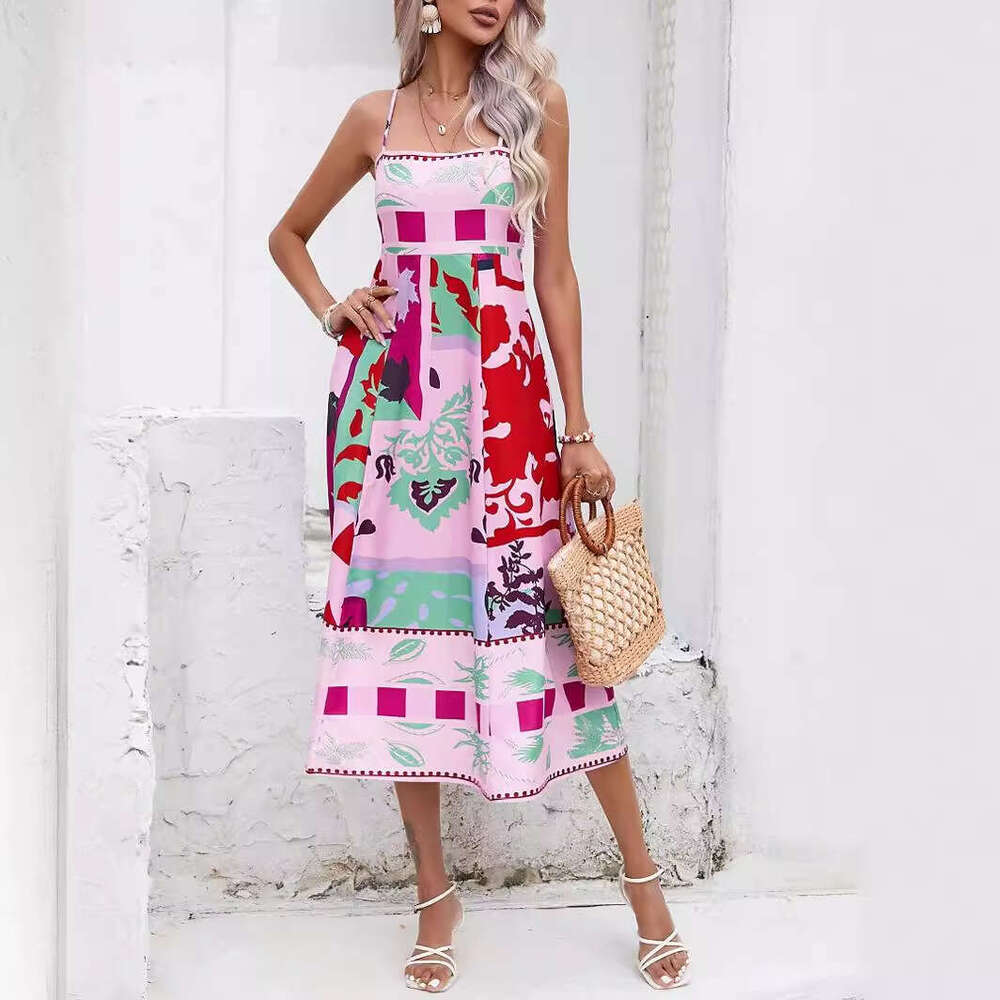 Summer Women's Sexy Positioning Printed Strap Sleeveless Swing Dress 2025 New Style Elegant Clothing