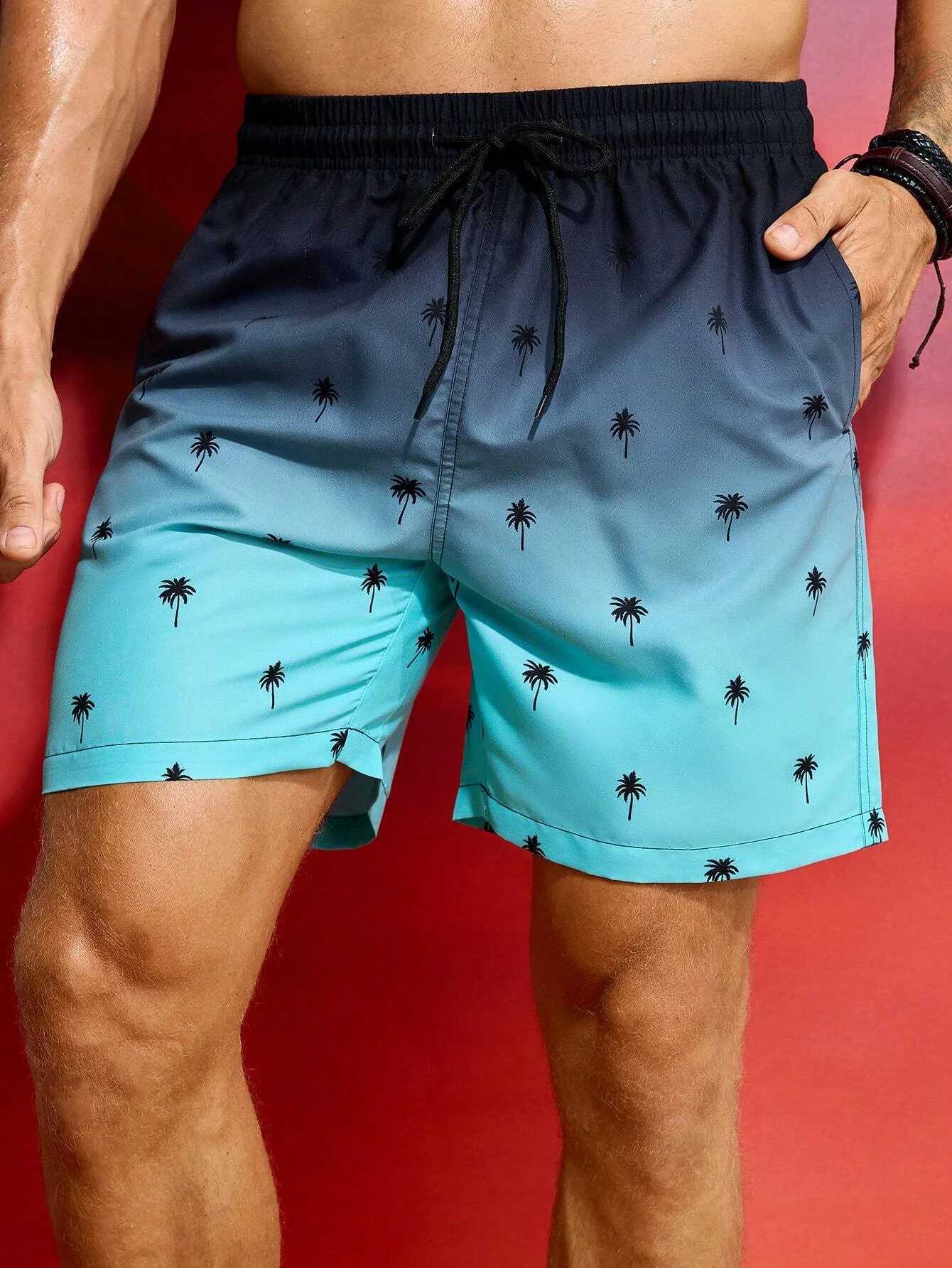 Summer Mens Beach Short Coconut Tree Drawstring Mens swim Trunks Elastic Waist 3D Print Gradient Breathable Short StreetwearT250304