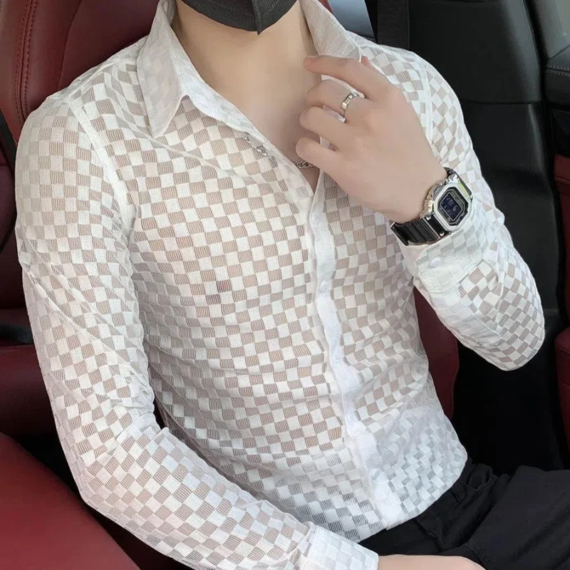 Spring Autumn Fashion Plaid a Peaked Collar Mens Clothing Shirts Long Sleeve Button Hollow Out Slim Korean Chaopai Blouse 250304