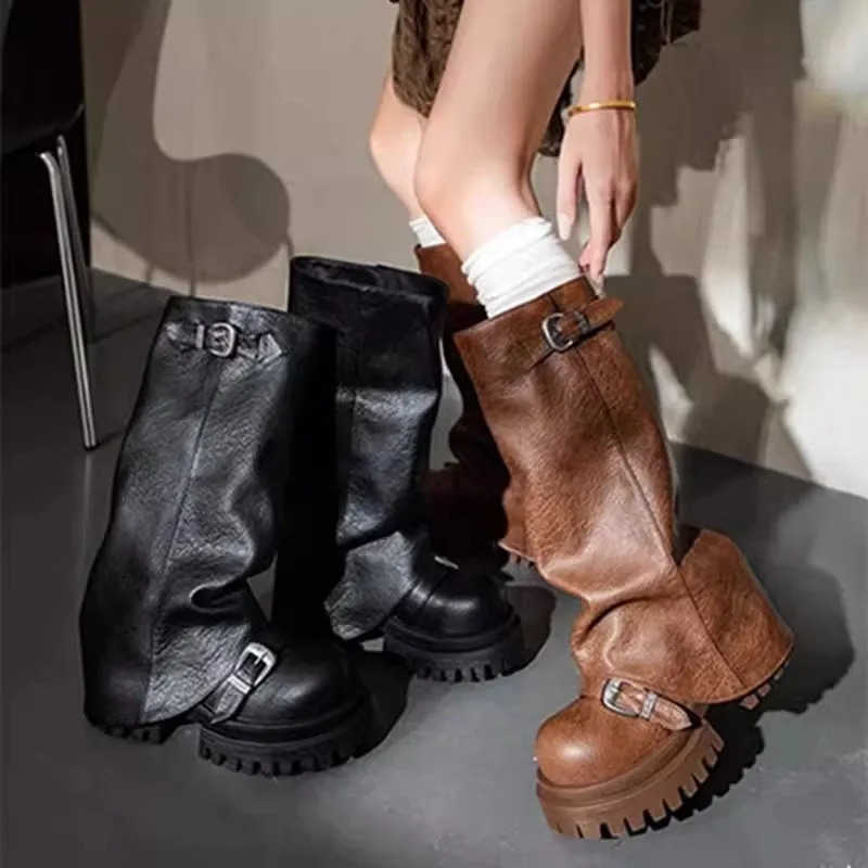 Platform Chunky Wen High Boots Fad Buckle Leather Mid H Shoes 2025 Trend Designer Knee High Mortorcycle Winter Botas Mujer Z250304