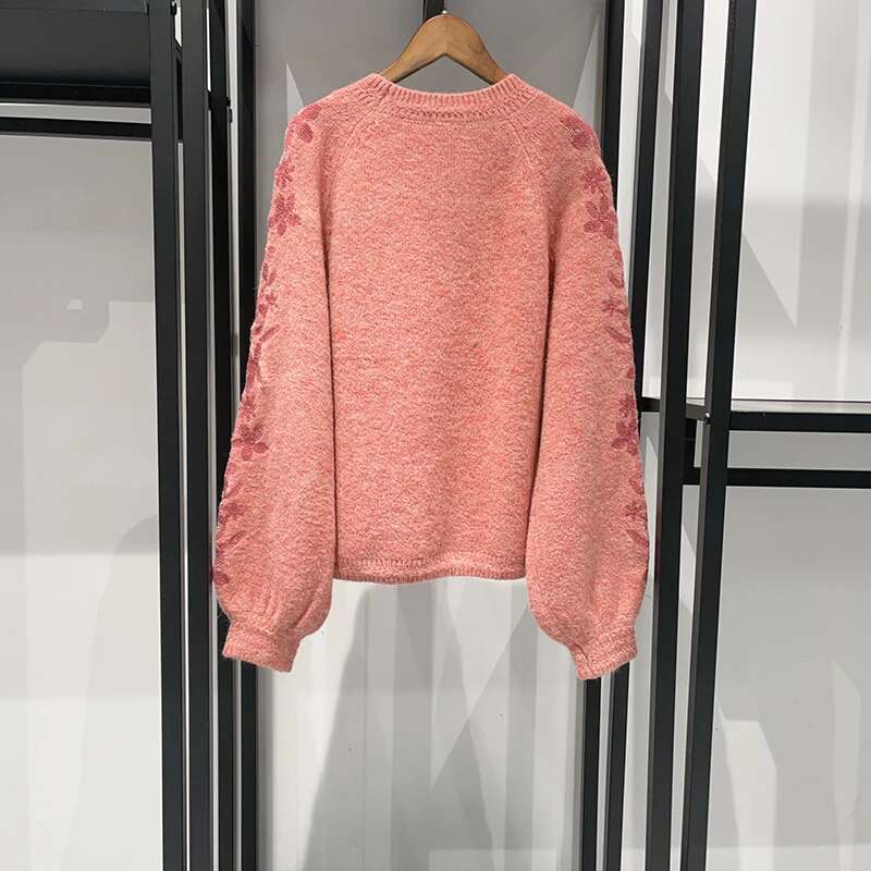 Ral Embroidery Women Puff Sleeve Sweater Soft Fashion Top Female O-Neck Jumper Fall Winter 2025