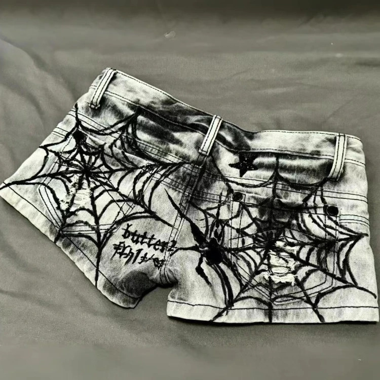 Street Punk Spider Web Printed Diamond Skull Star Denim Shorts Sexy Low-waisted Short Panrts Summer Jeans for Women 250303