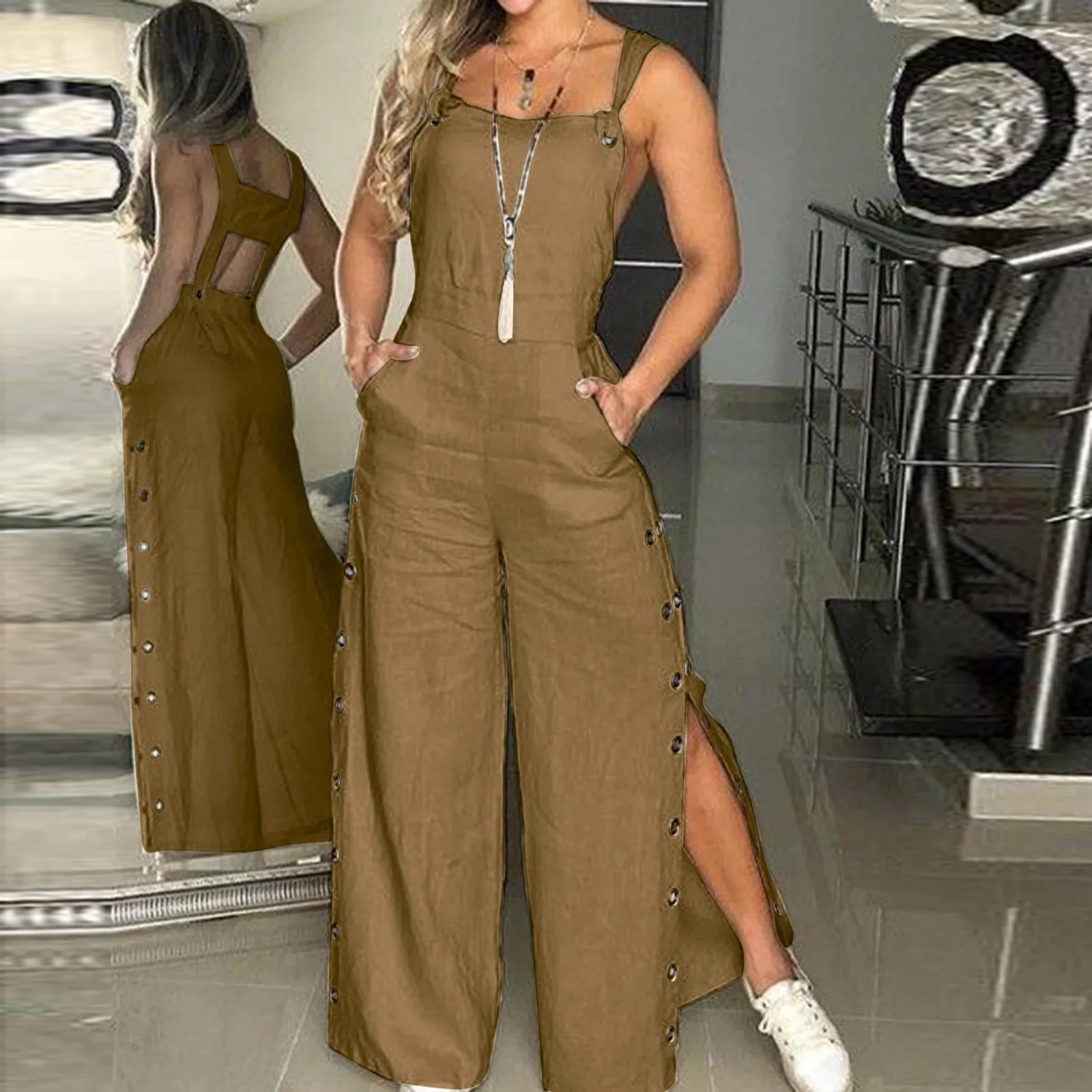 Summer Fashion Womens Sleeveless Jumpsuit Rompers Ladies Solid Wide Leg Button Openings Long Trousers Suspenders Overalls Pocket 250303